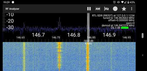A spectrum and waterfall image showing a contact at 146.85 MHs