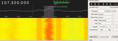 A spectrum showing Virgin Radio Victoria, with an analogue signal in the centre and two digital bands either side of the analogue signal.