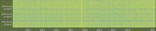 A spectrum waterfall showing 458.465 MHz with a single broken streak down the middle.